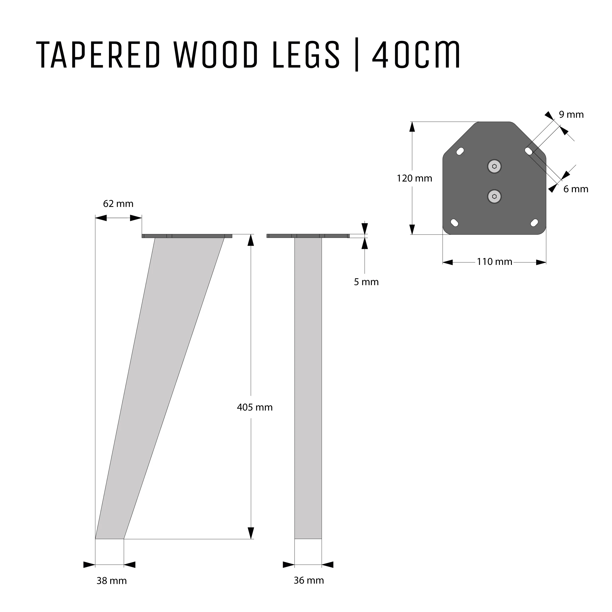 40cm Tapered Oak Table Legs - Image 3
