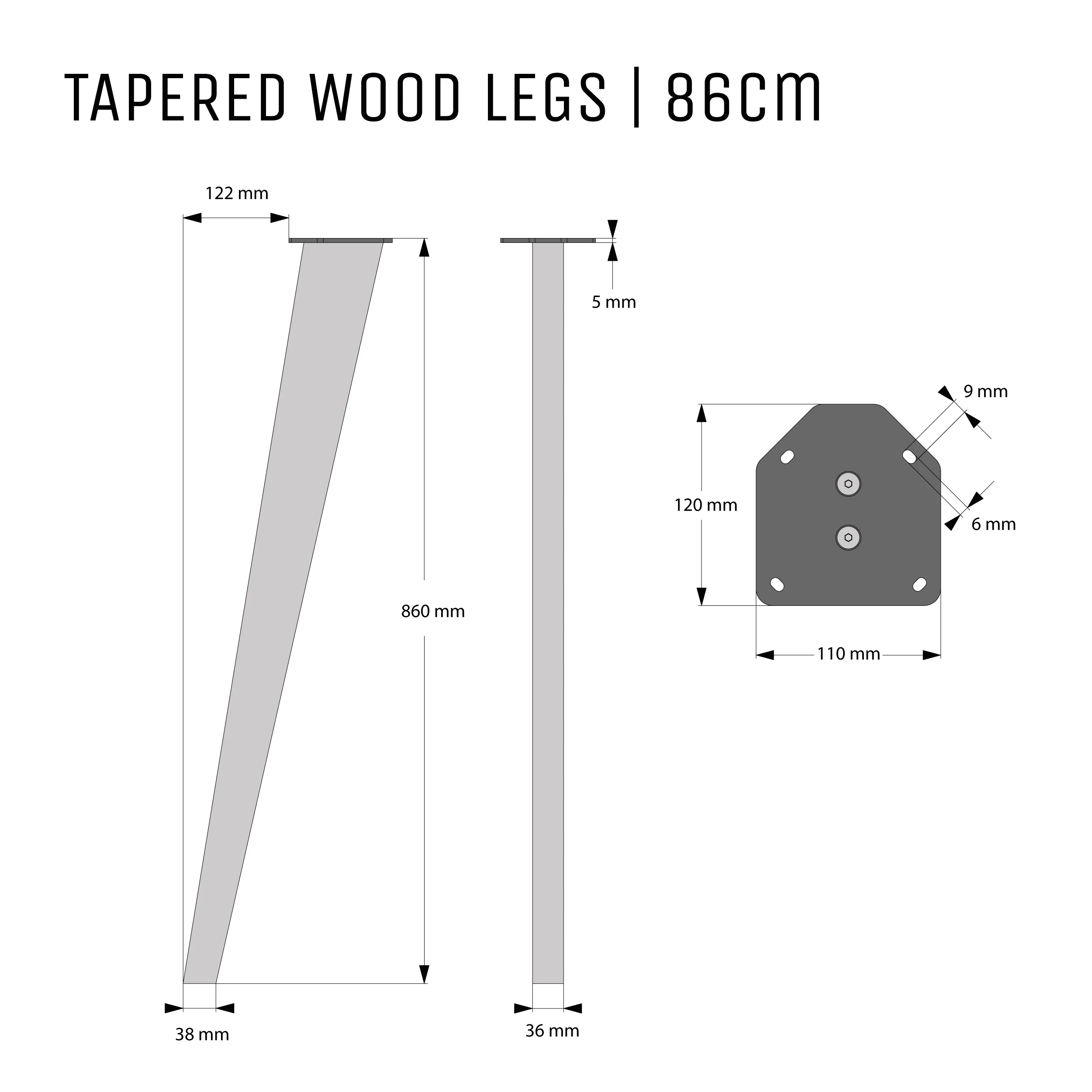 86cm Tapered Oak Table Legs - Image 5