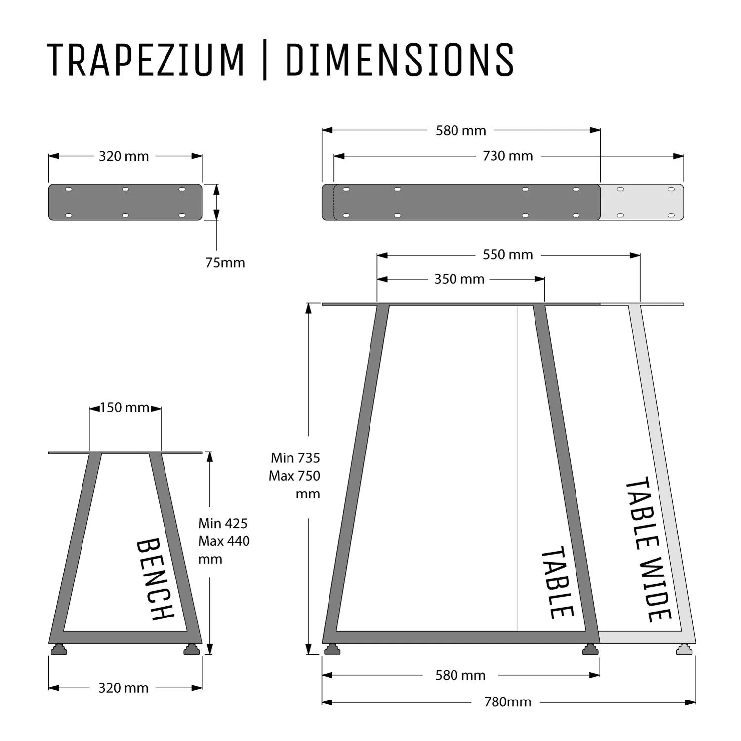 Trapezium Industrial Legs, with Outdoor Hardware Pack | 71cm Table - Image 4