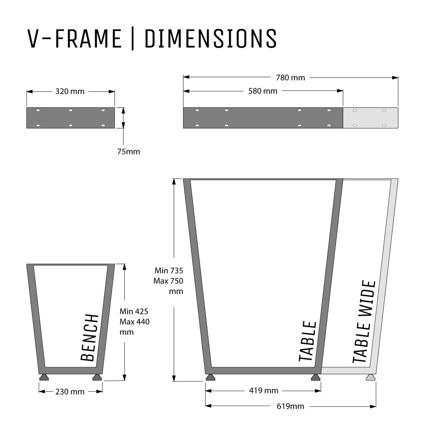 V-Frame Industrial legs, with Outdoor Hardware Pack | 71cm Table - Image 3