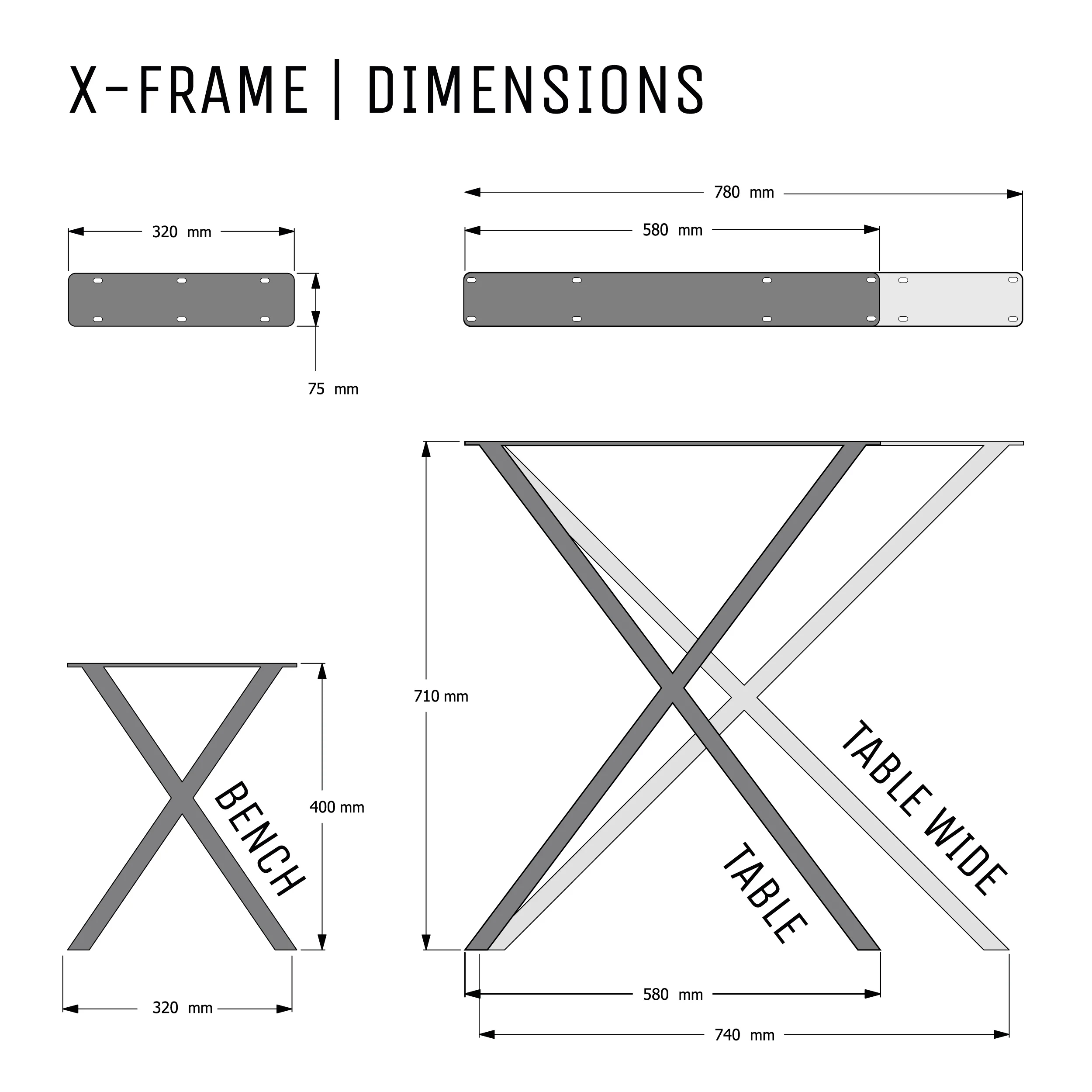 X-Frame Industrial legs | 40cm Bench - Image 5